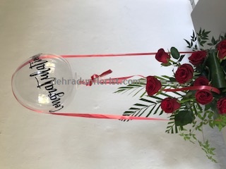 CONGRATULATIONS printed transparent balloon with 8 red roses arrangement